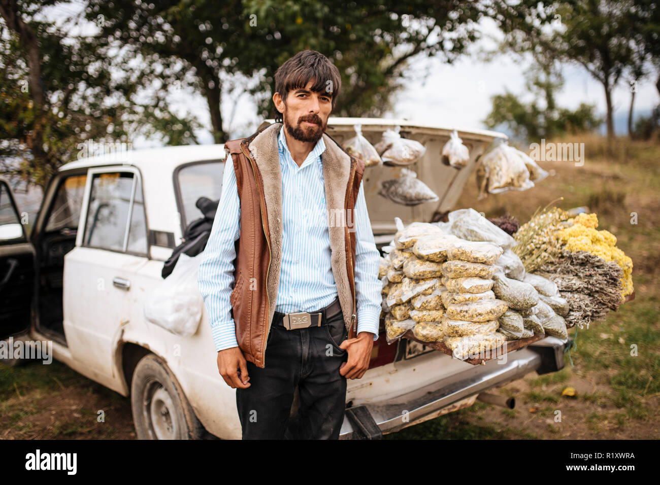 Portrait of Sohret the Tea seller, Ganja, Azerbaijan Stock Photo