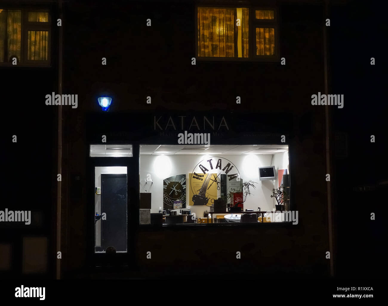 KATANA men's hairdressers emporium at night Milton cambridge 2018 Stock Photo