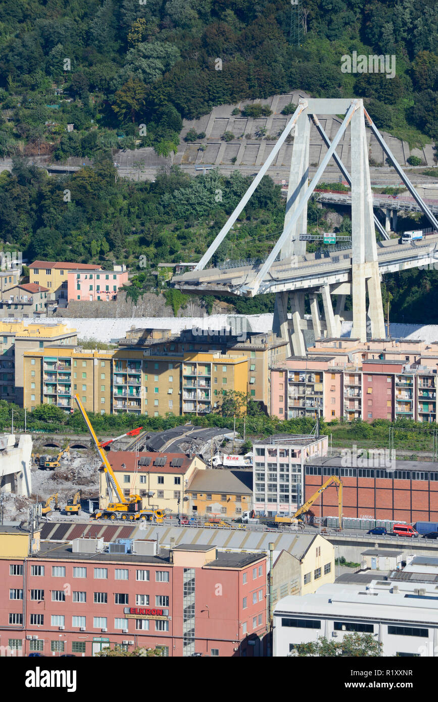 Genoa, Italy, what remains of collapsed Morandi Bridge connecting A10 motorway after structural failure causing 43 casualties on August 14, 2018 Stock Photo