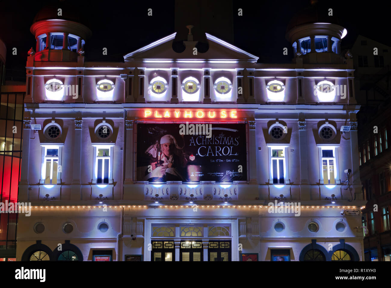 The Playhouse Theatre in Williamson Sq Liverpool UK lit up at night