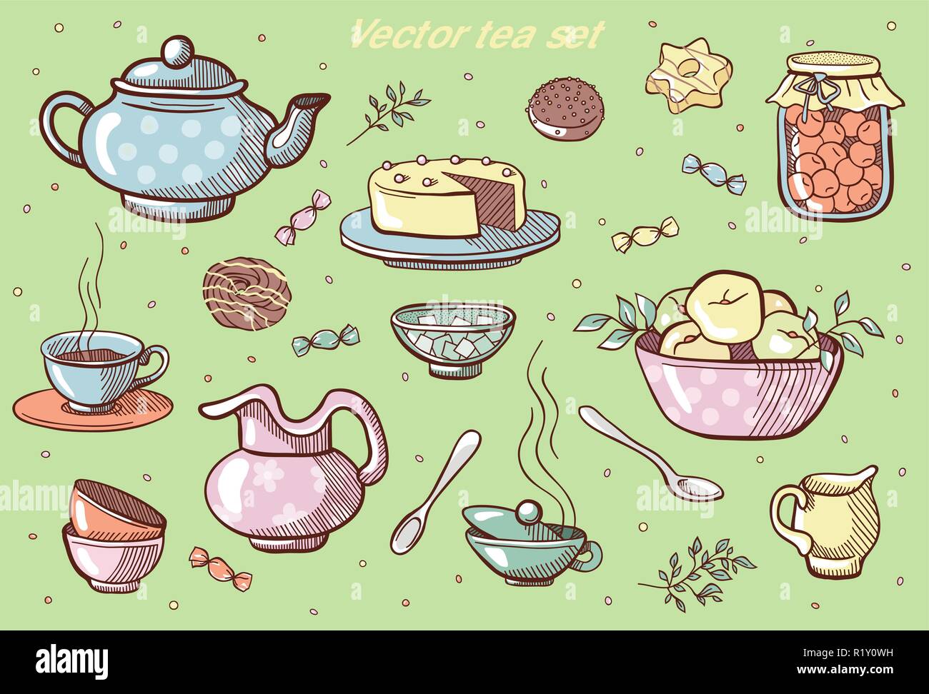 https://c8.alamy.com/comp/R1Y0WH/vector-sweets-tea-set-sweets-collection-tea-illustration-R1Y0WH.jpg