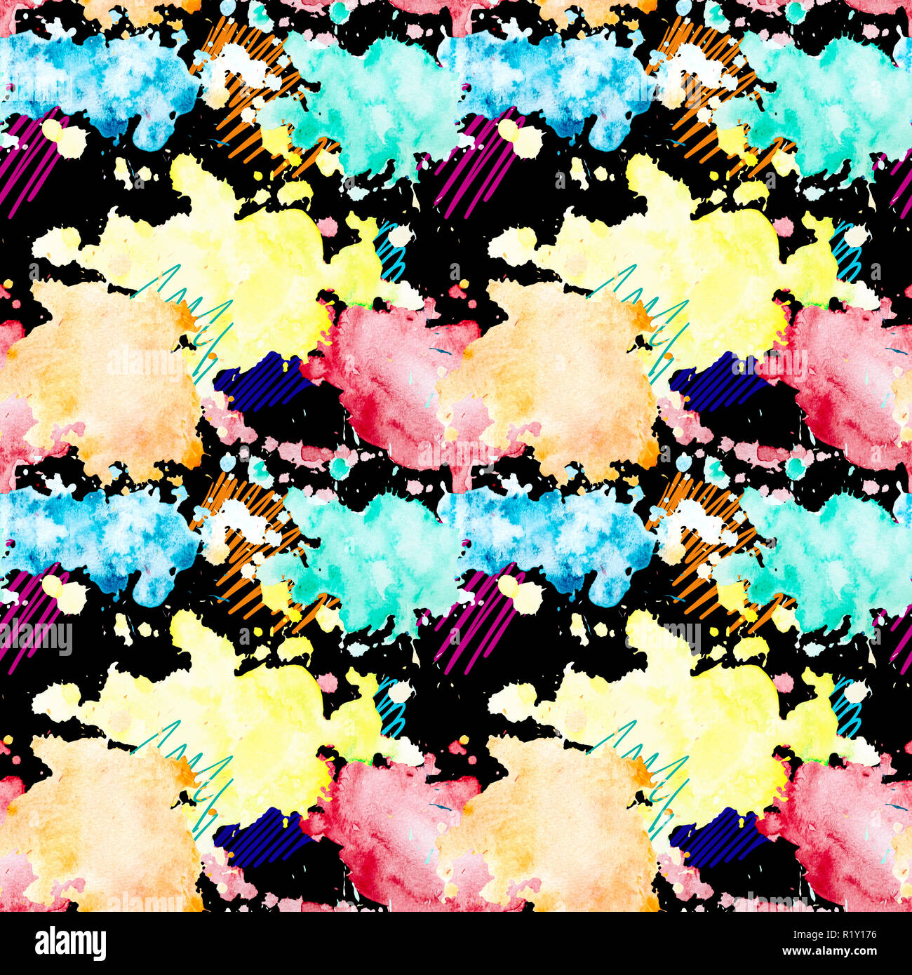 Watercolor splashes. Colorful bright seamless pattern with yellow, orange, red and blue blots on a black background. Stock Photo