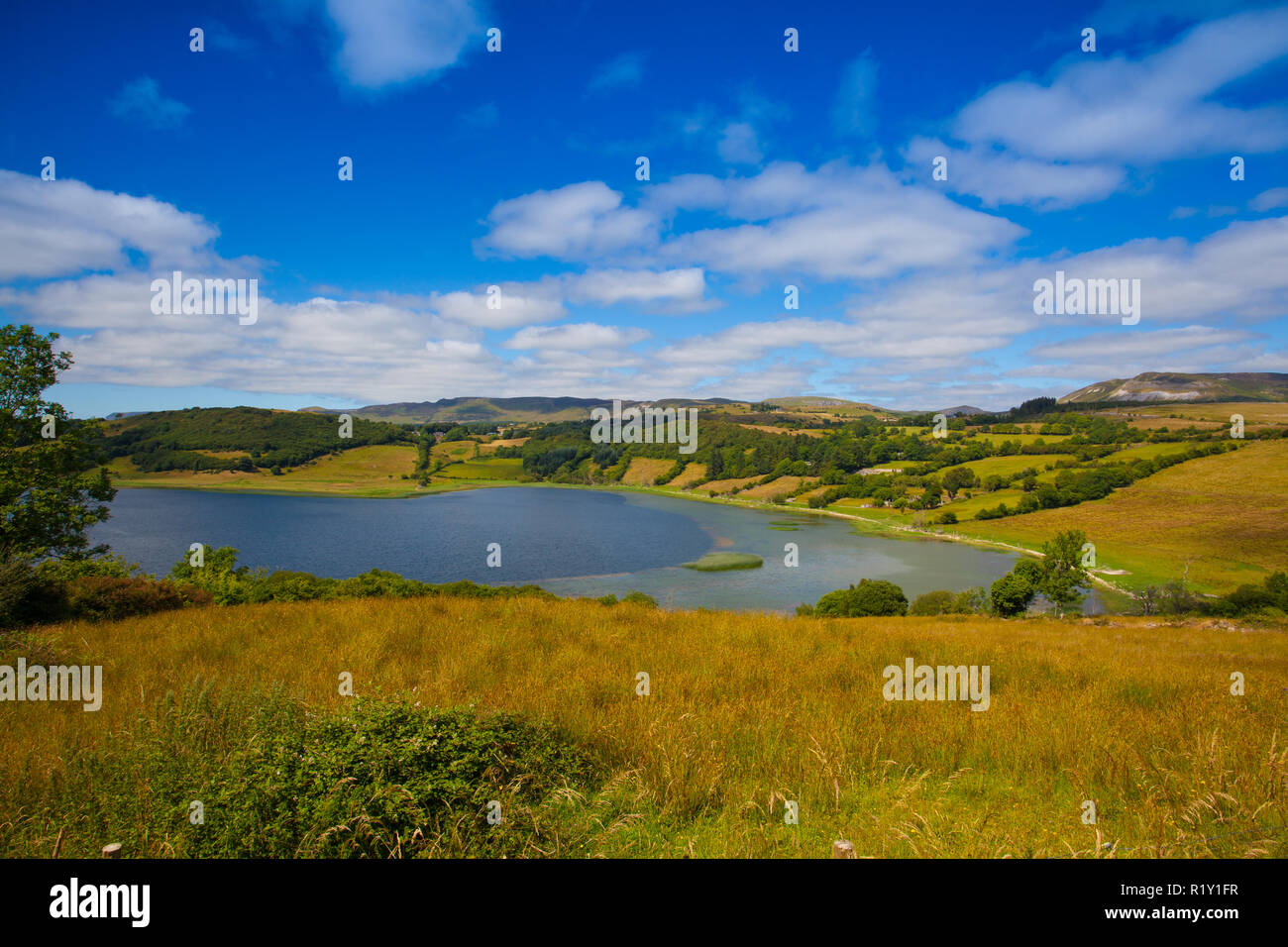 The farmers fields from Colgagh Lough Viewpoint. Ireland. Colgagh Lough is a lake and is nearby to Ballure and Colgagh. Stock Photo