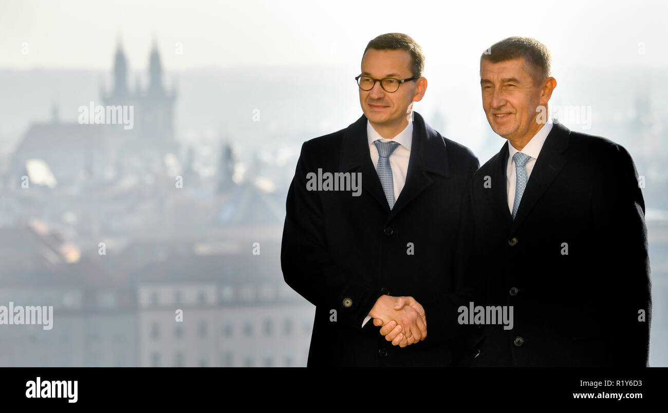 Czech Prime Minister Andrej Babis (right) and Polish Prime Minister Mateusz Morawiecki shake hands prior to joint session of Czech and Polish cabinets in Prague, Czech Republic, November 15, 20018. (CTK Photo/Vit Simanek) Stock Photo