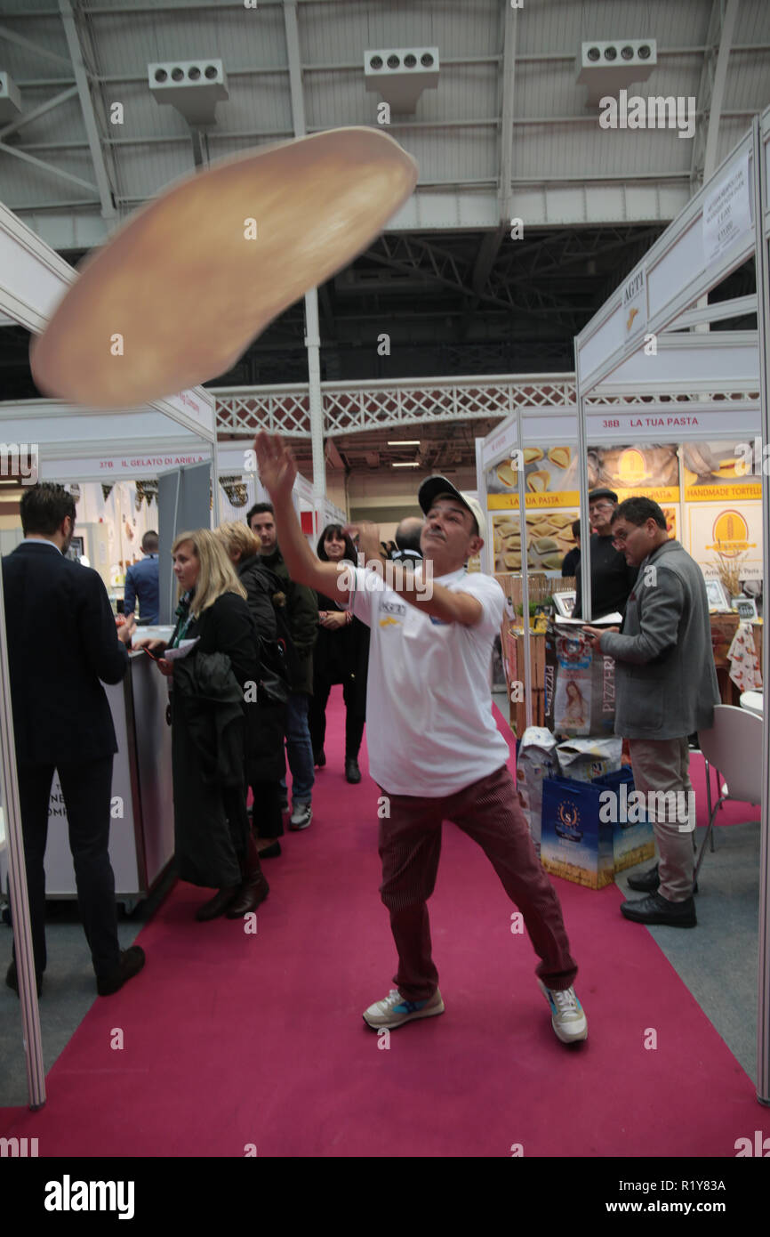 London, UK. 15th November 2018.Pizza tossing in London Olympia to