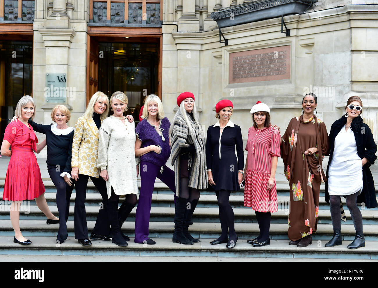 V&A, London, UK. 15 November, 2018. Models from the 1960s and 70s that worked with Mary Quant gather to form a Quant revival. The event marks the first time the public are able to purchase tickets for the Mary Quant exhibition opening in 6 April 2019. Models are (not in order): Jill Kennington, Kari Ann Muller, Pru Bury, Ulrika, Jacky Boase, Lorraine Naylor, Hazel, Clare Hunt, Sara Hollamby, Sally Kemp. Credit: Malcolm Park/Alamy Live News. Stock Photo