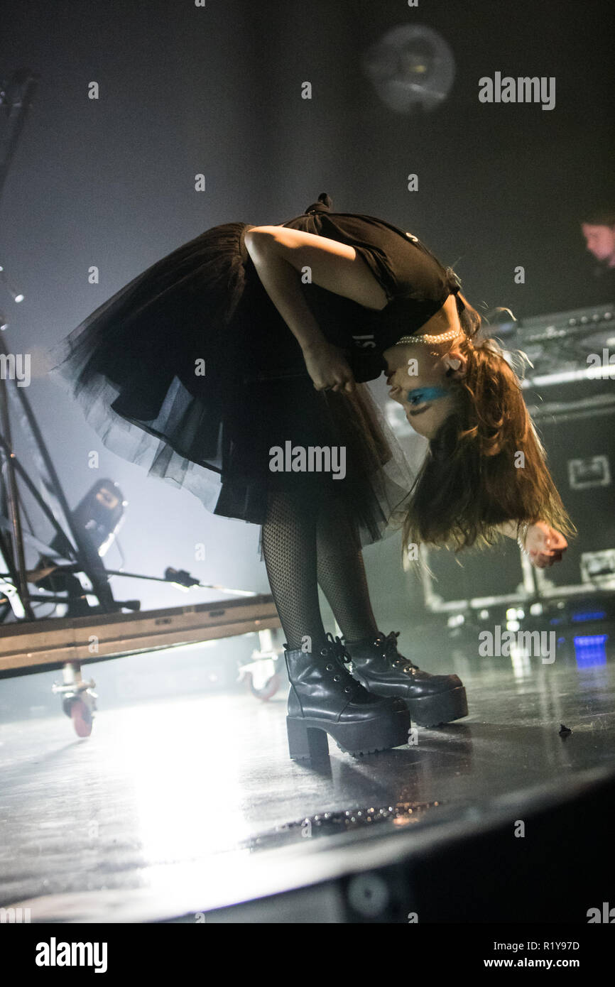 Milan, Italy. 14th November 2018. The Scottish synth-pop band CHVRCHES performs live on stage at Fabrique to present their new album 'Love Is Dead' Credit: Rodolfo Sassano/Alamy Live News Stock Photo