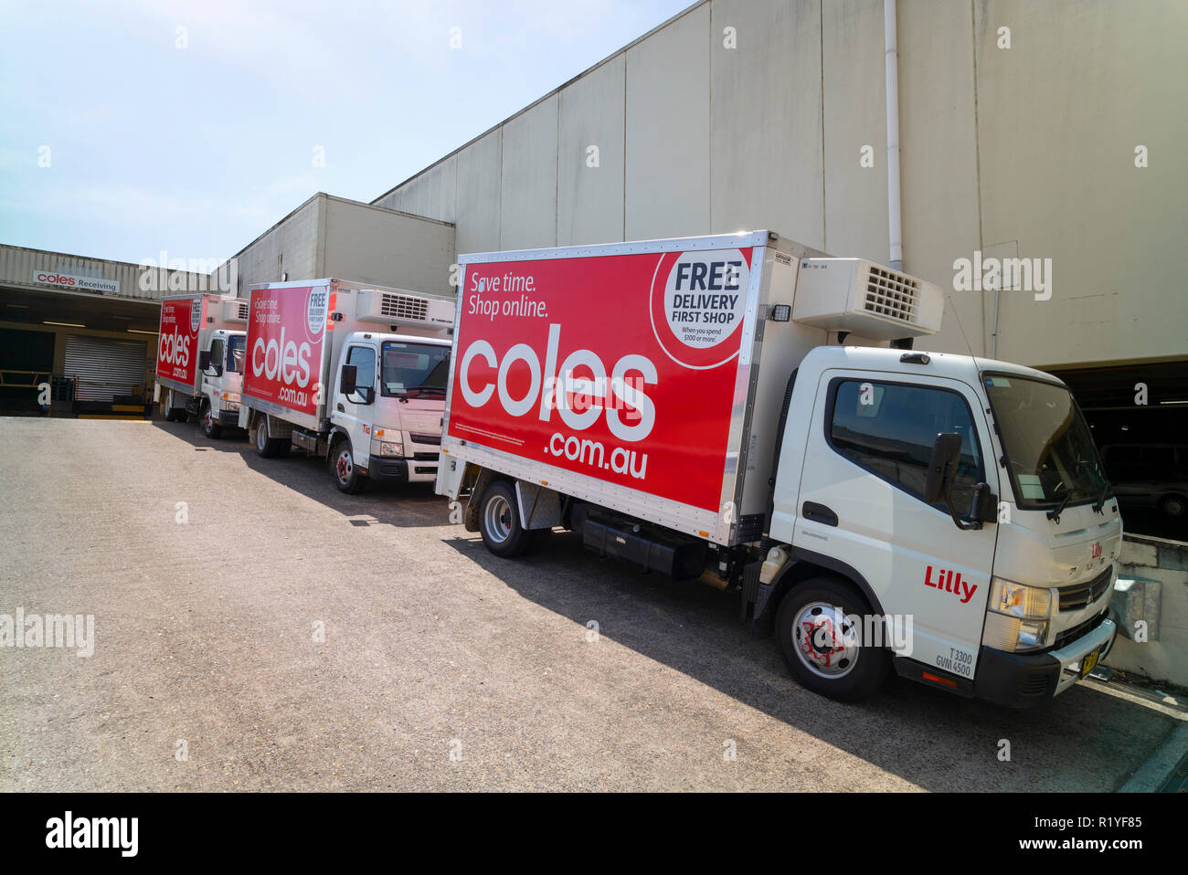 delivery trucks outside murwilllumbah coles supermarket in the northern
