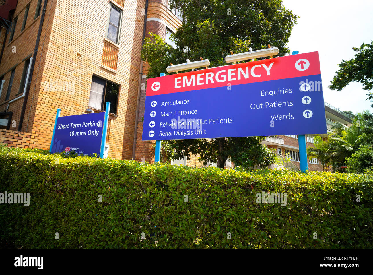 signs at the entrance to murwillumbah district hospital, in northern new south wales, australia Stock Photo