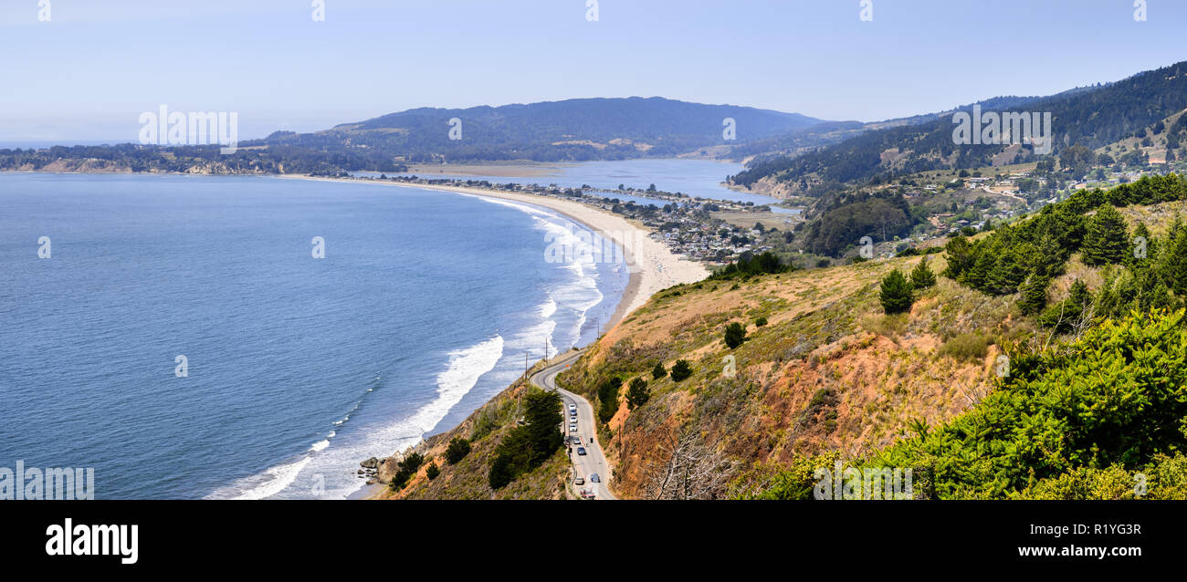 Aerial view of the Stinson Beach area of the Pacific Coastline, Marin County, north San Francisco bay area, California Stock Photo