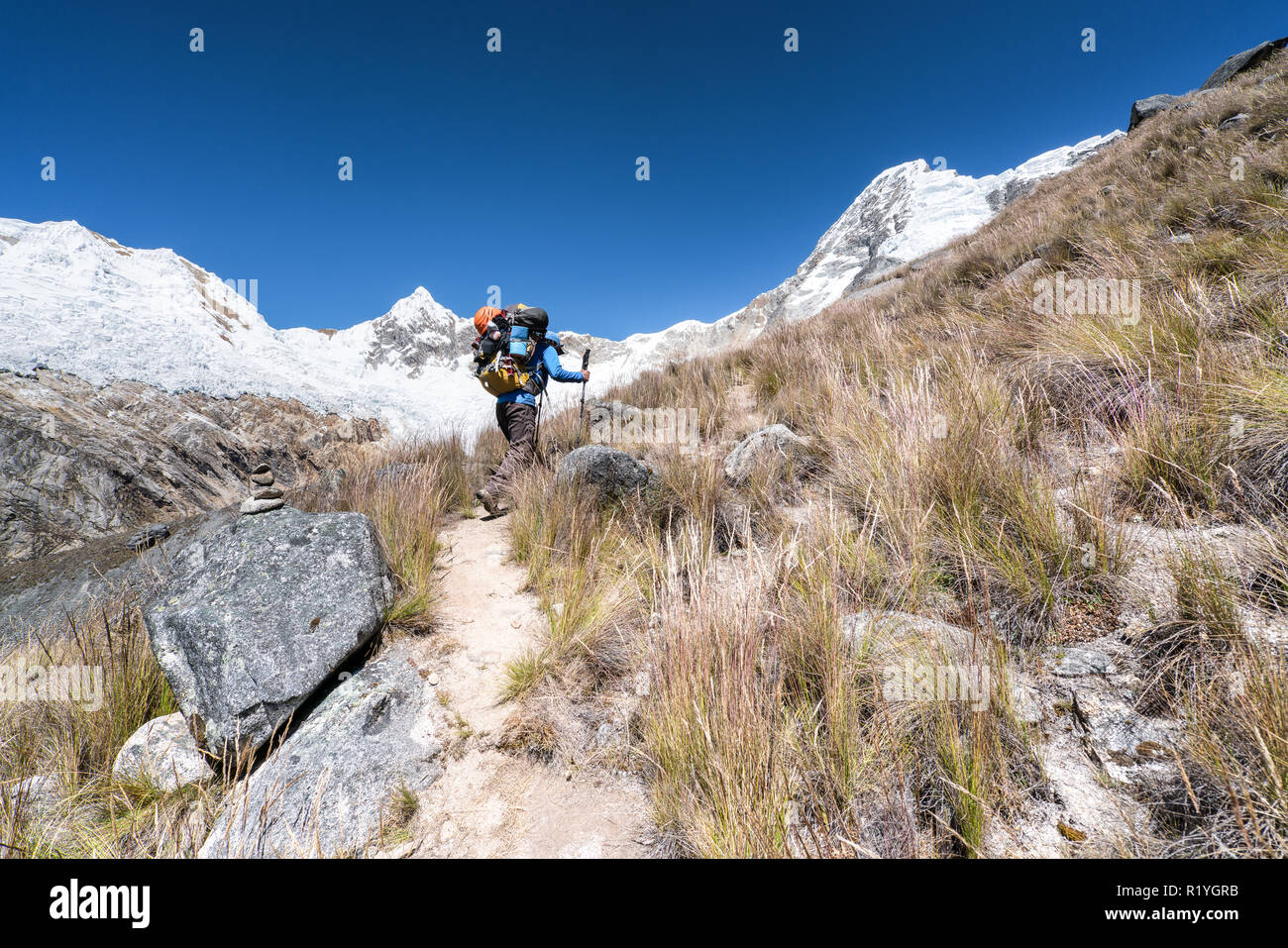 Ascending towards Artesonraju high camp, Cordillera Blanca, Peru Stock Photo