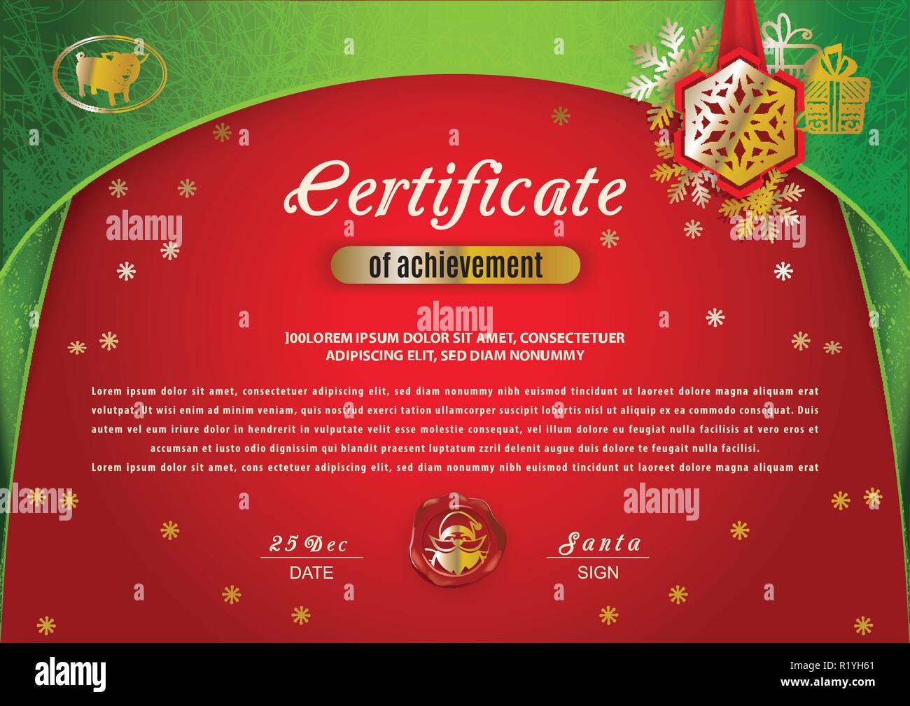 christmas certificate green border gold pig on red background and christmas certificate border