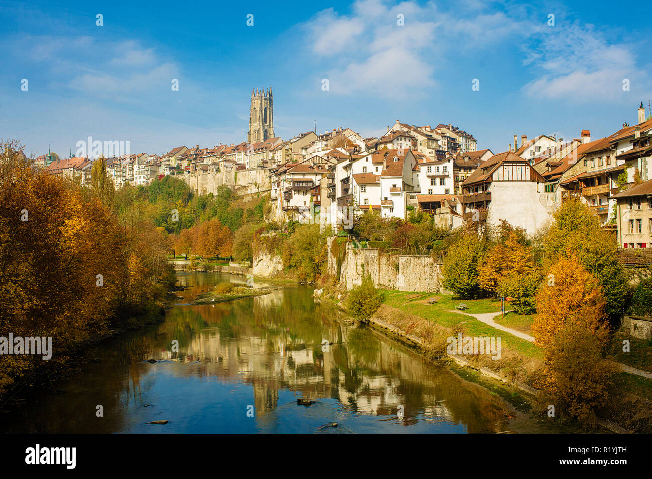 Fribourg, switzerland, the cathedral and the district of l'Auge, seen from the Middle Bridge over the Sarine Stock Photo