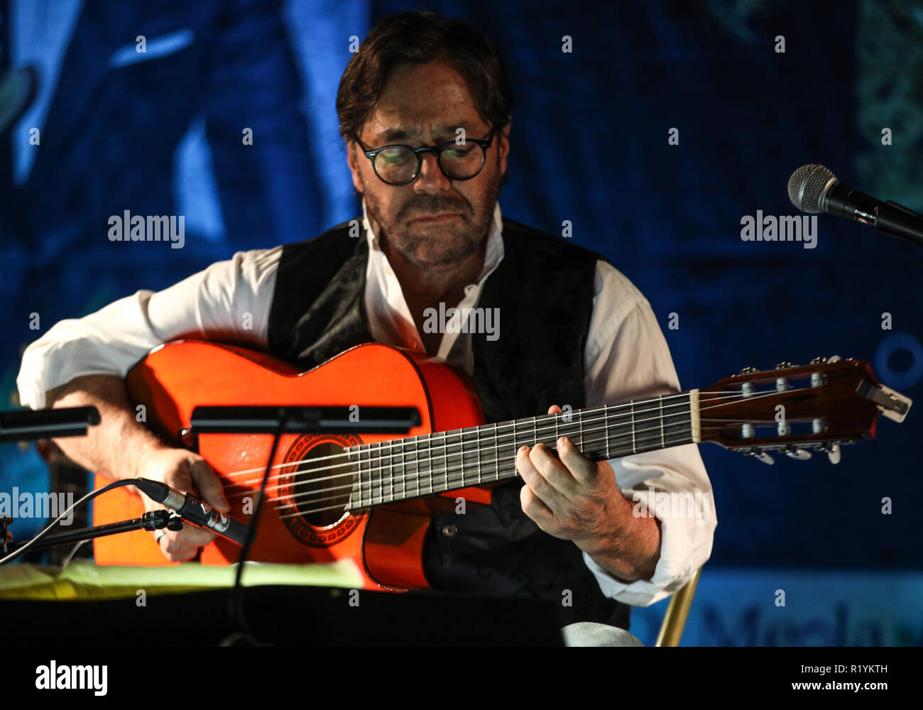 Cracow, Poland - November 2, 2018: American jazz fusion and Latin jazz guitarist Al Di Meola performing live on the Kijow.Centre stage in Krakow, Pola Stock Photo