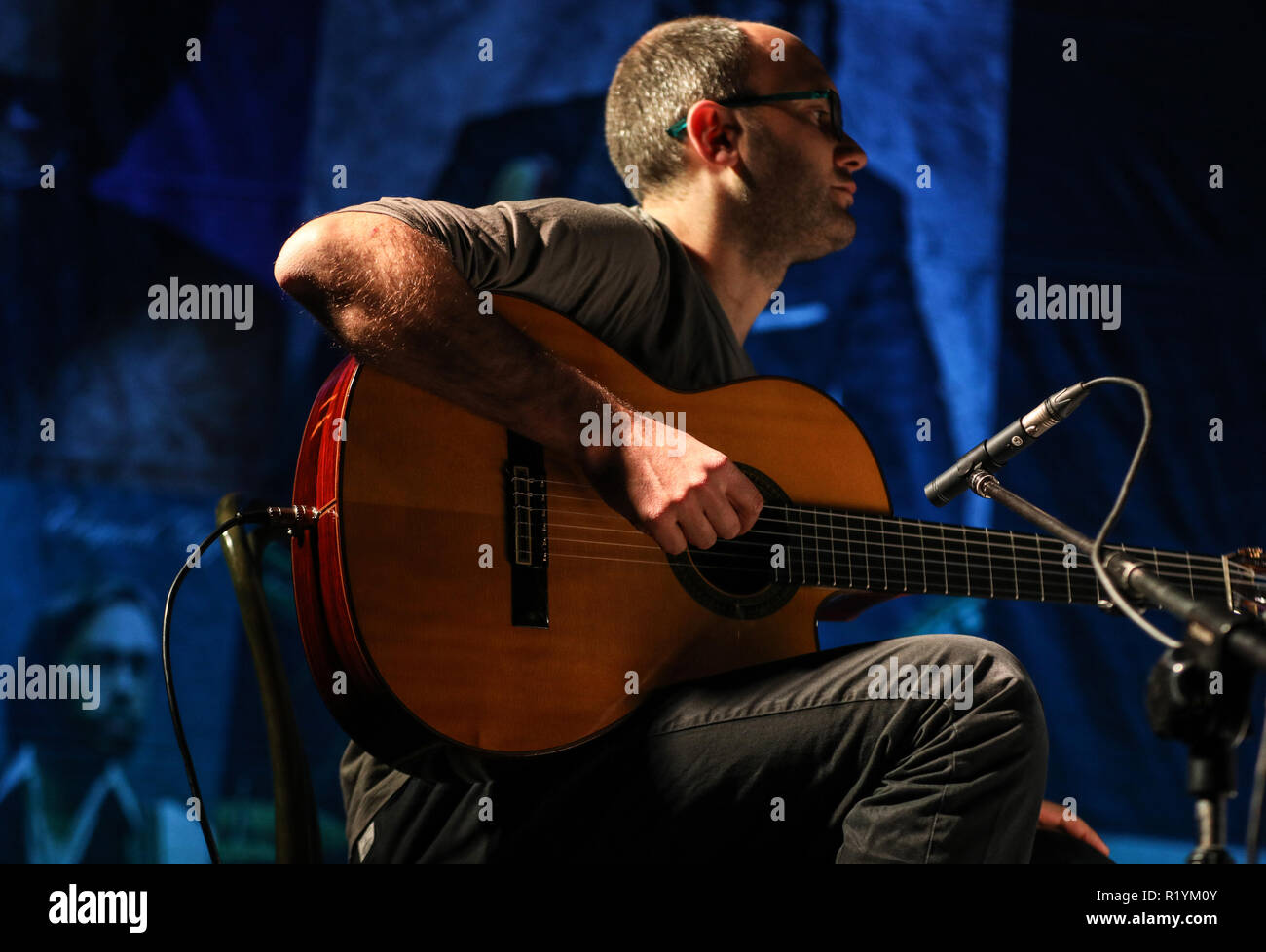 Cracow, Poland - November 2, 2018: American jazz fusion and Latin jazz guitarist Al Di Meola performing live on the Kijow.Centre stage in Krakow, Pola Stock Photo