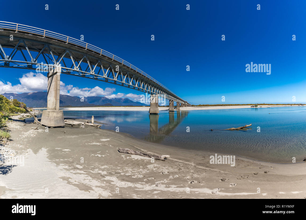 New Zealand's longest one-lane bridge over the Haast River, South Westland Stock Photo