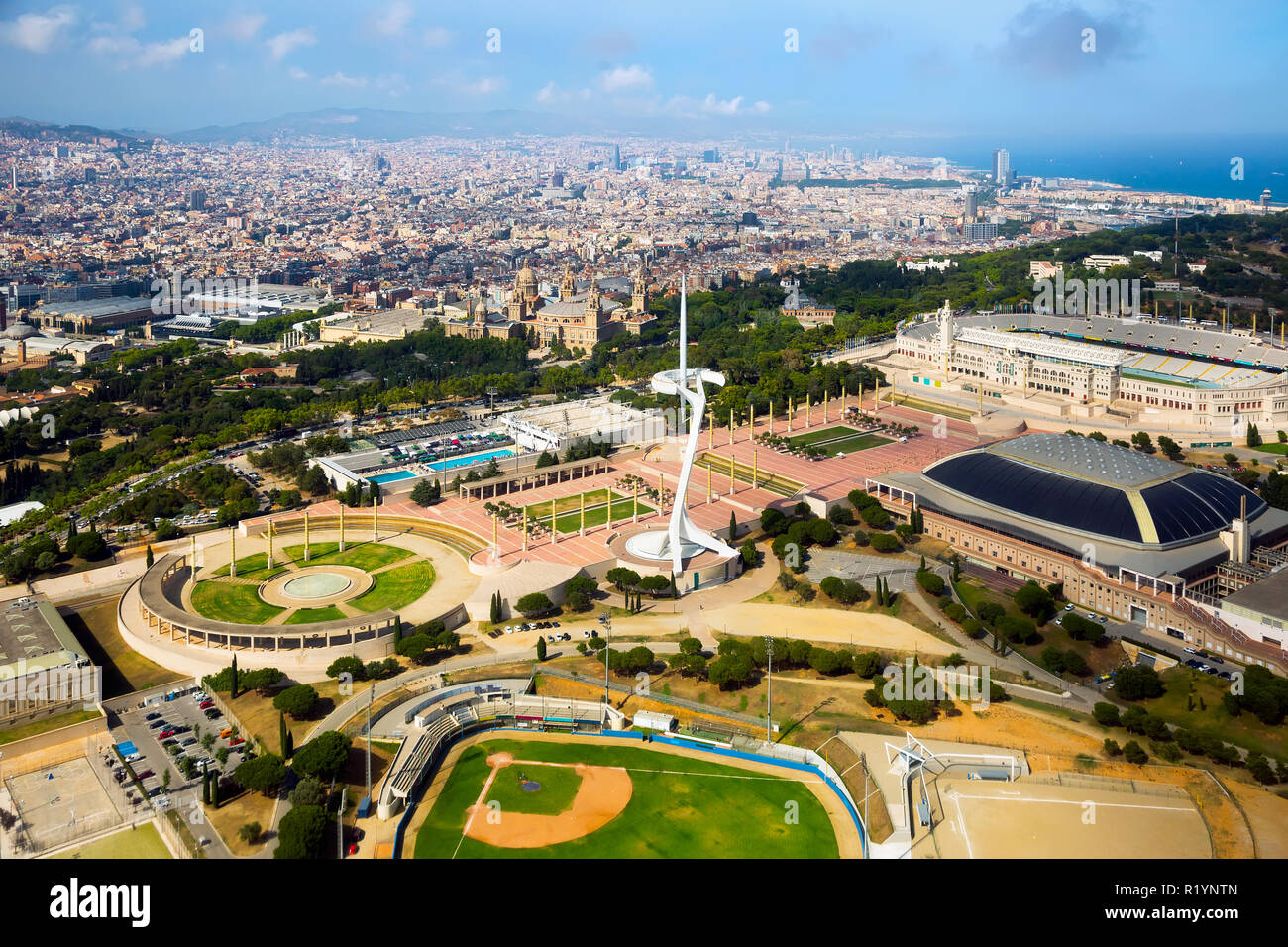 Olympic Sports Complex from above in Barcelona of Catalonia, Spain Stock Photo