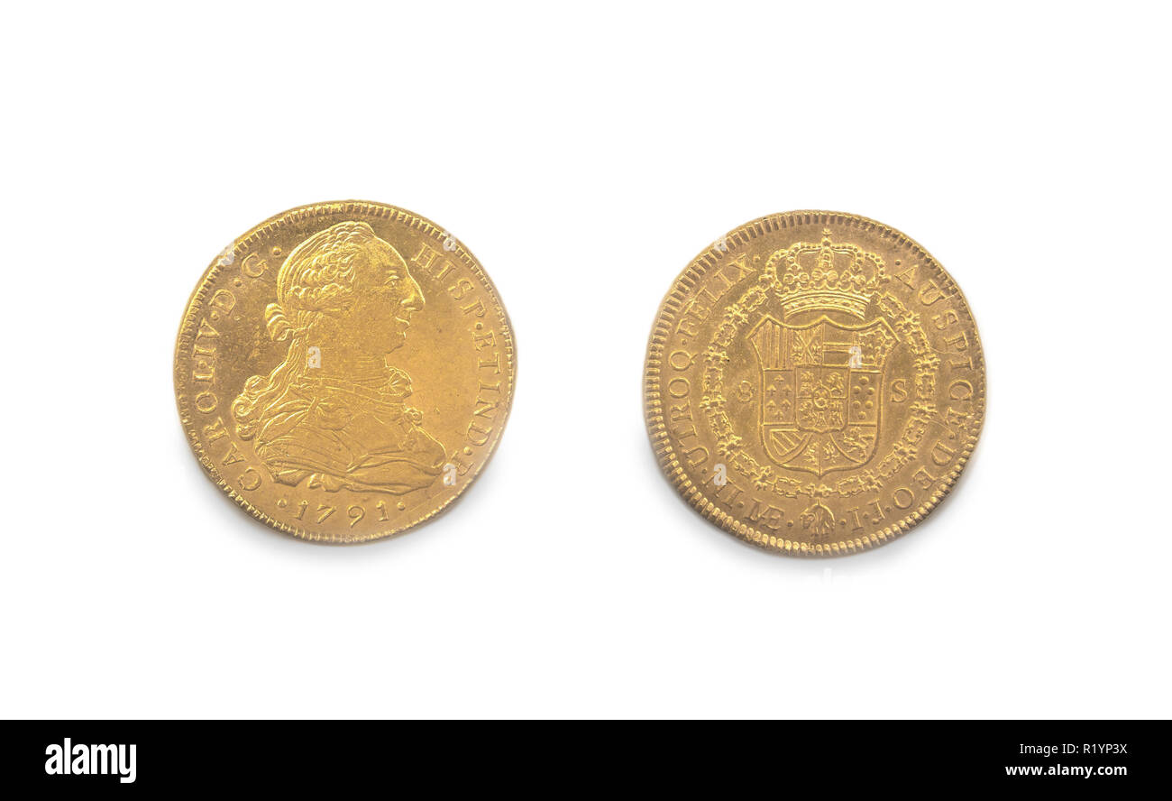 Cartagena, Spain - September 14th, 2018: Gold spanish pieces of eight or Charles III escudos, minted in 1791 at ARQUA Museum, Spain Stock Photo