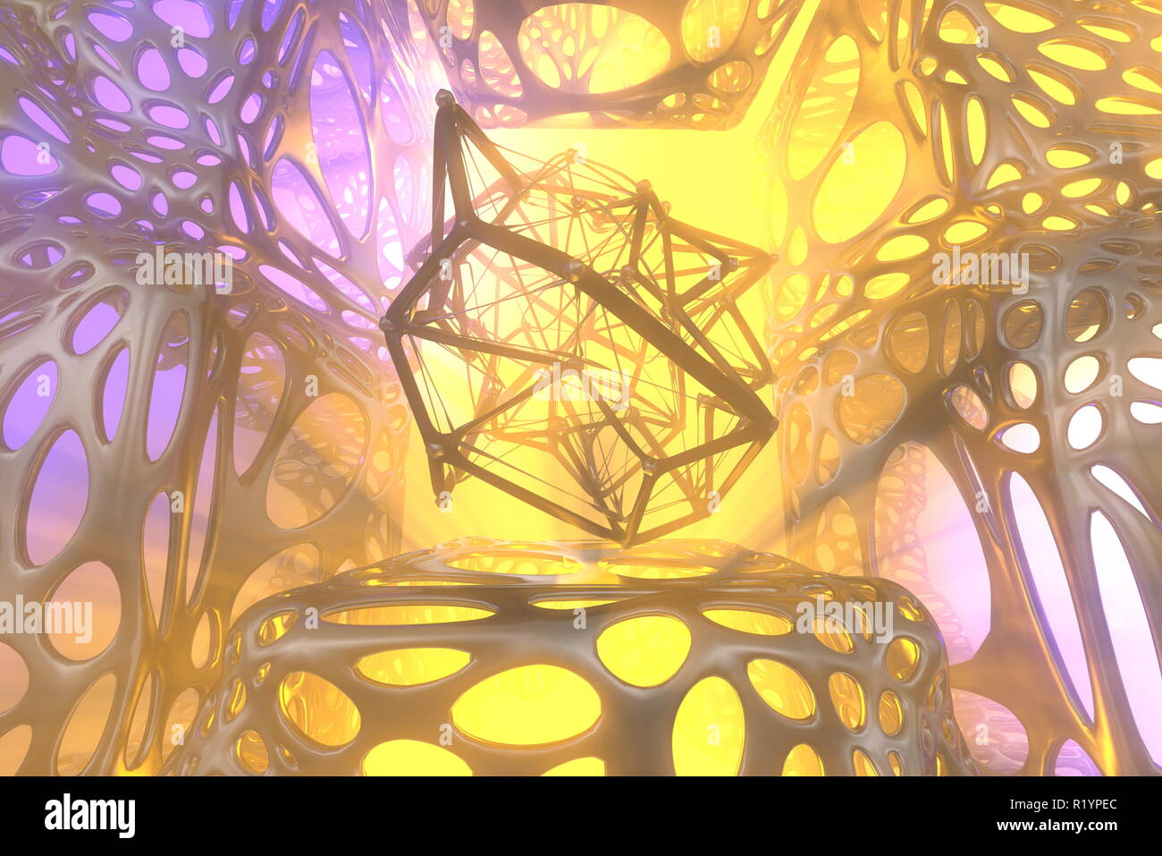 Abstract 3d rendering concept of high poly atomic sphere with chaotic ...