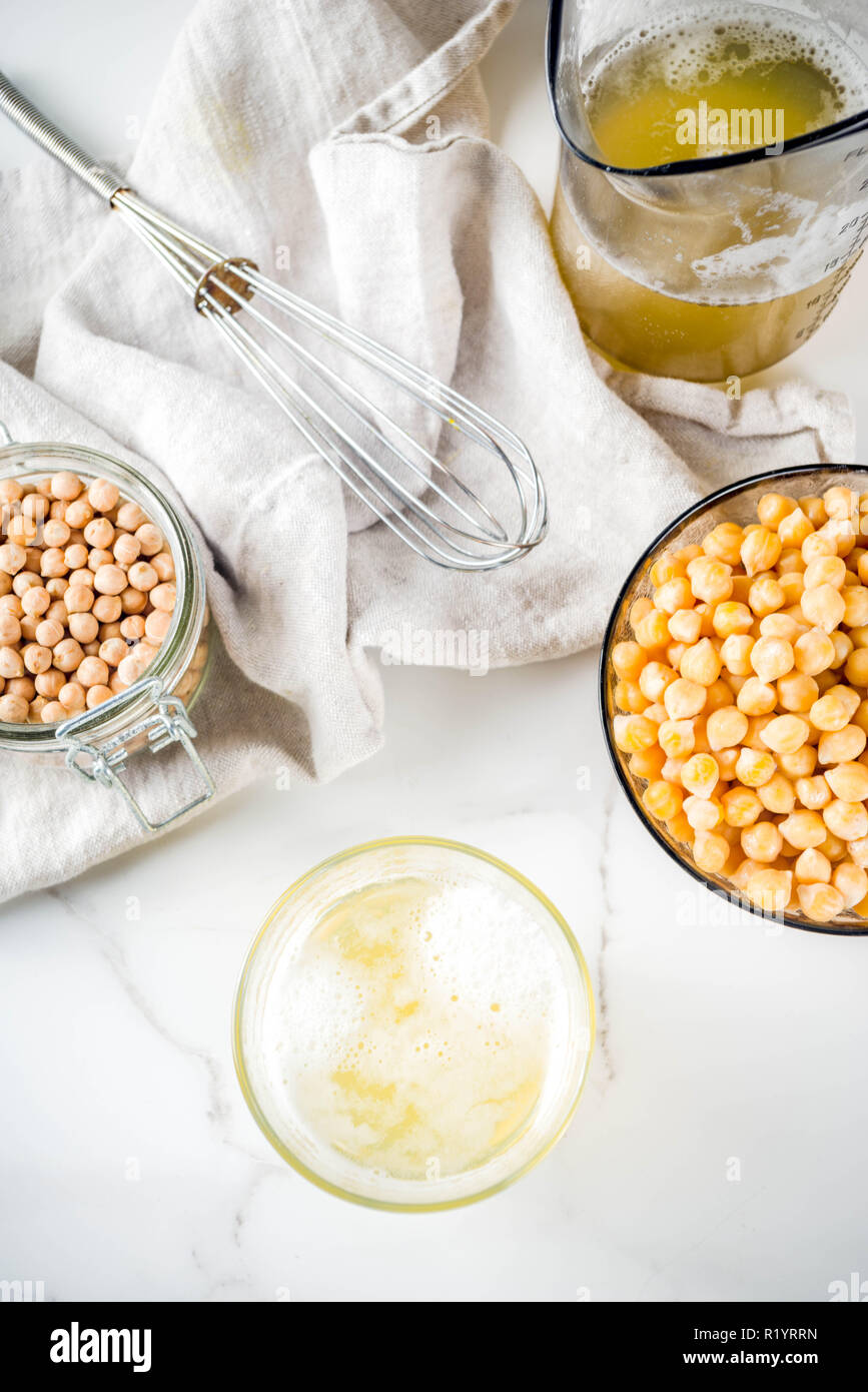 Chickpea Broth Aquafaba Liquid Water Brine Replace Egg In Baking For Vegan Recipe Vegan Diet Drink White Marble Background Copy Space Stock Photo Alamy