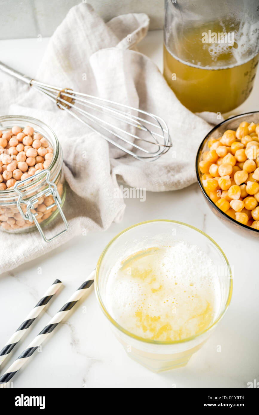 Chickpea Broth Aquafaba Liquid Water Brine Replace Egg In Baking For Vegan Recipe Vegan Diet Drink White Marble Background Copy Space Stock Photo Alamy