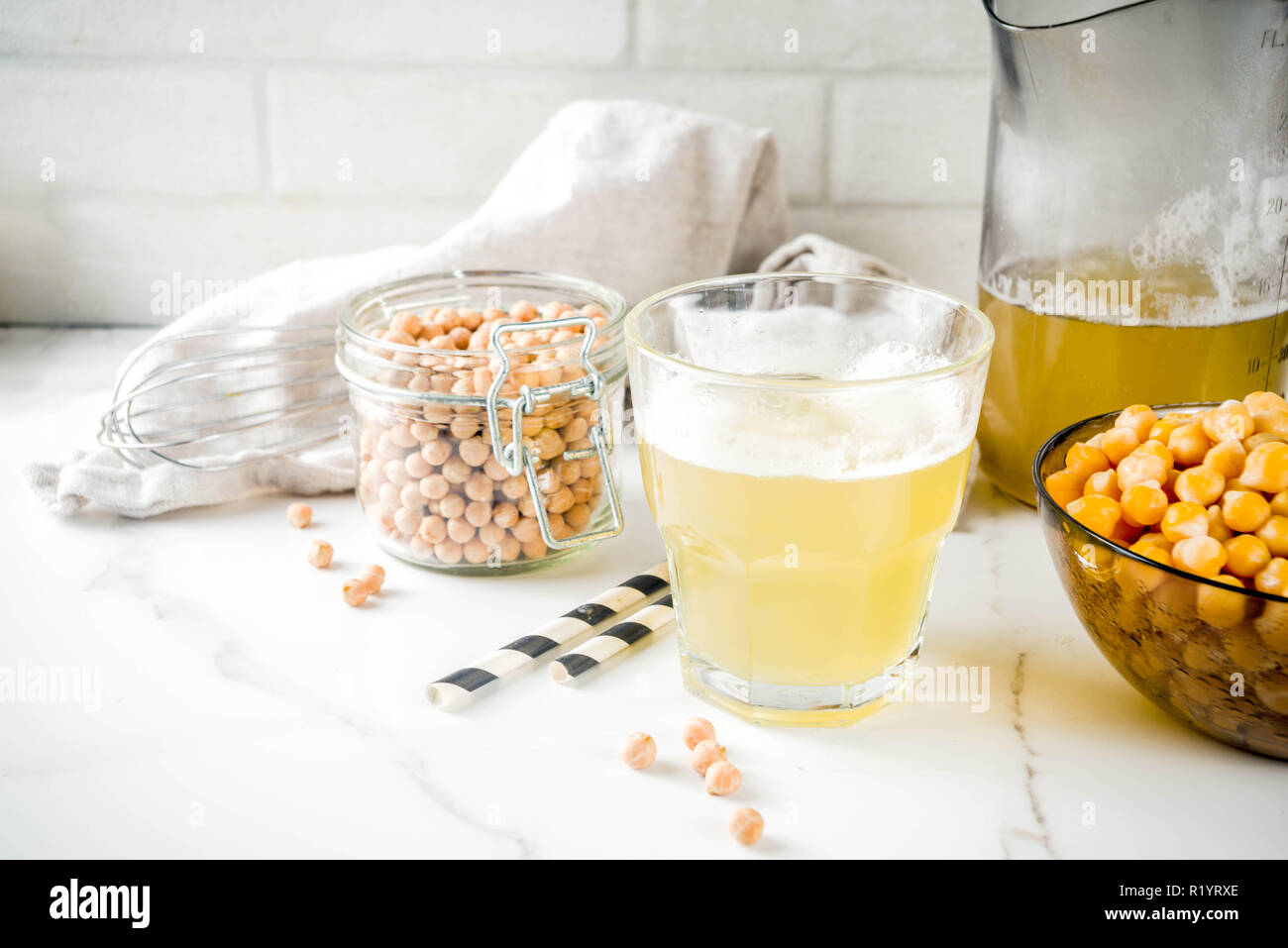 Chickpea Broth Aquafaba Liquid Water Brine Replace Egg In Baking For Vegan Recipe Vegan Diet Drink White Marble Background Copy Space Stock Photo Alamy