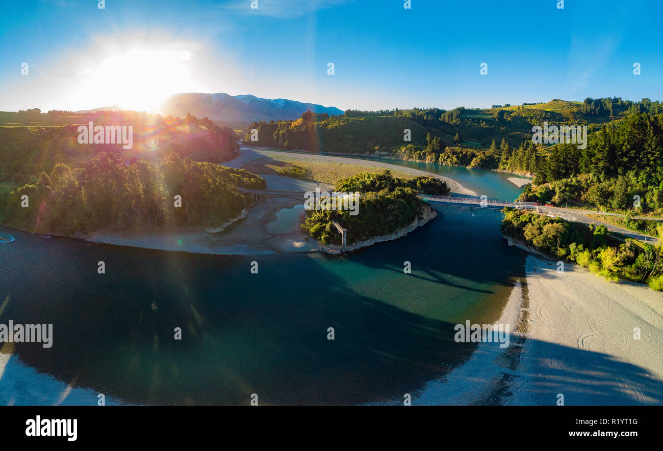 Bridges over Rakaia river, Rakaia Gorge, New Zealand, South Island, during sunset Stock Photo