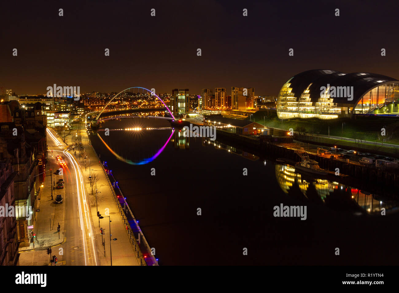 Newcastle upon Tyne/England - February 10th 2014: Millennium Bridge and Sage at night Stock Photo