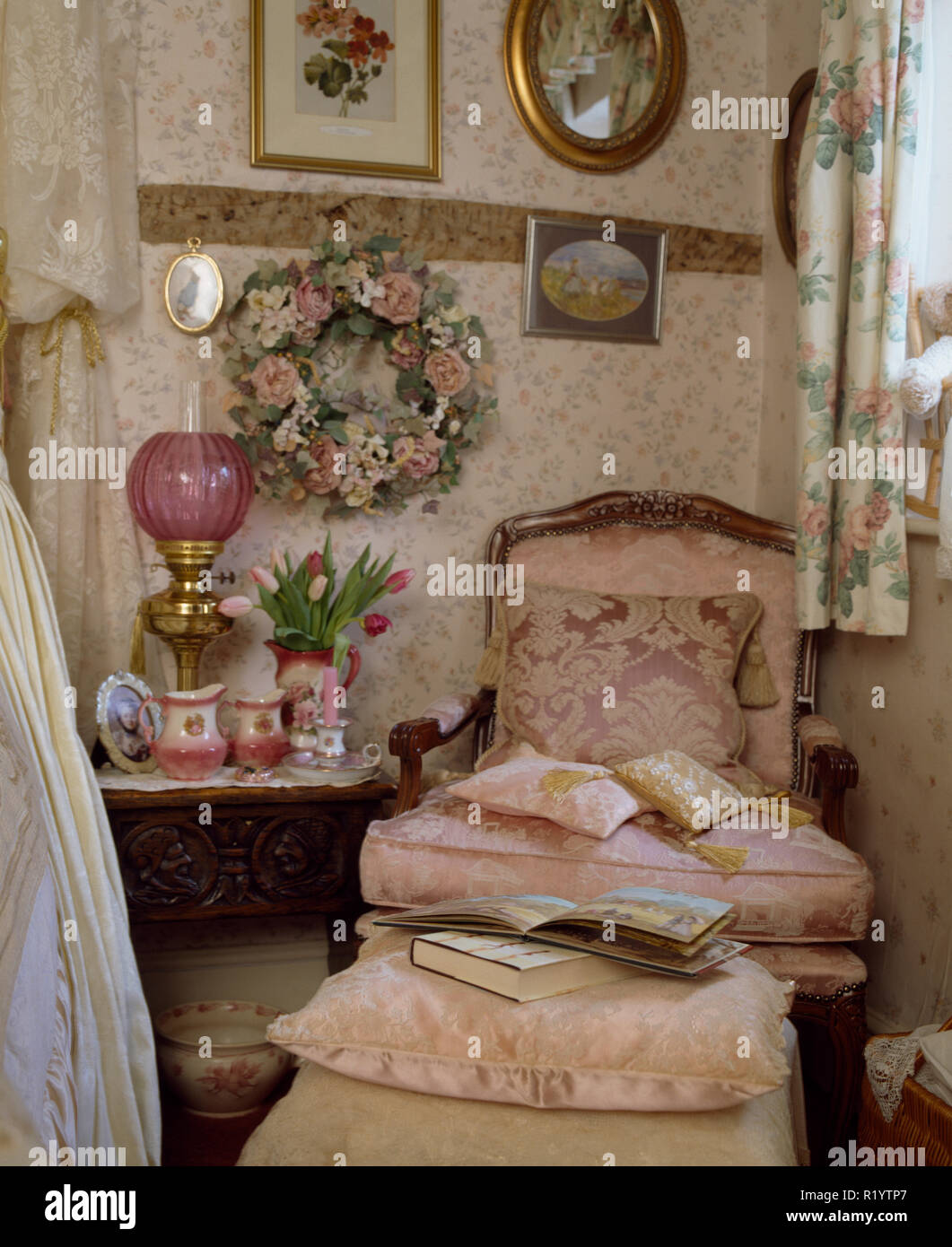 Dried Flower Wreath And Pink Chair In Old Fashioned Bedroom