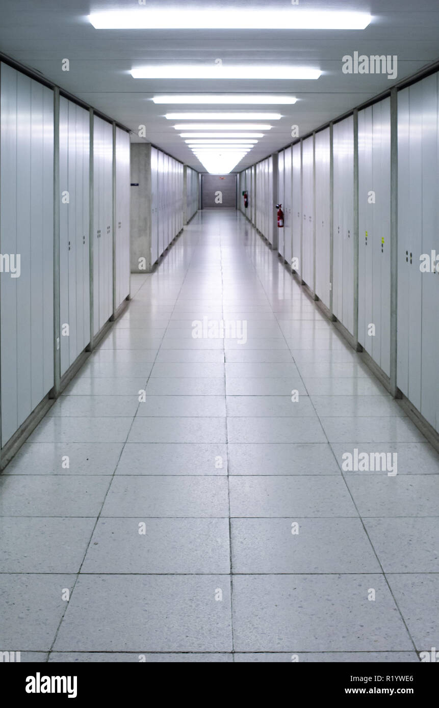 Illuminated empty corridor hallway bright neon lights symmetrical Stock Photo