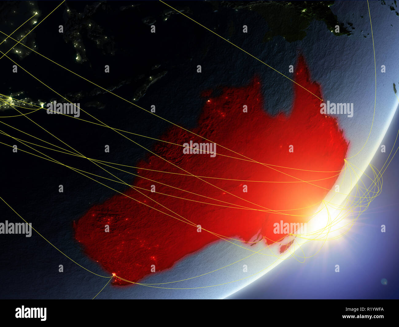 Australia on model of planet Earth with network during sunrise. Concept ...