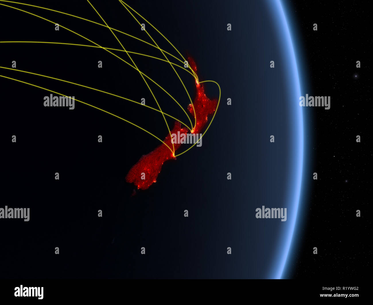 New Zealand at night on planet planet Earth with network. Concept of ...