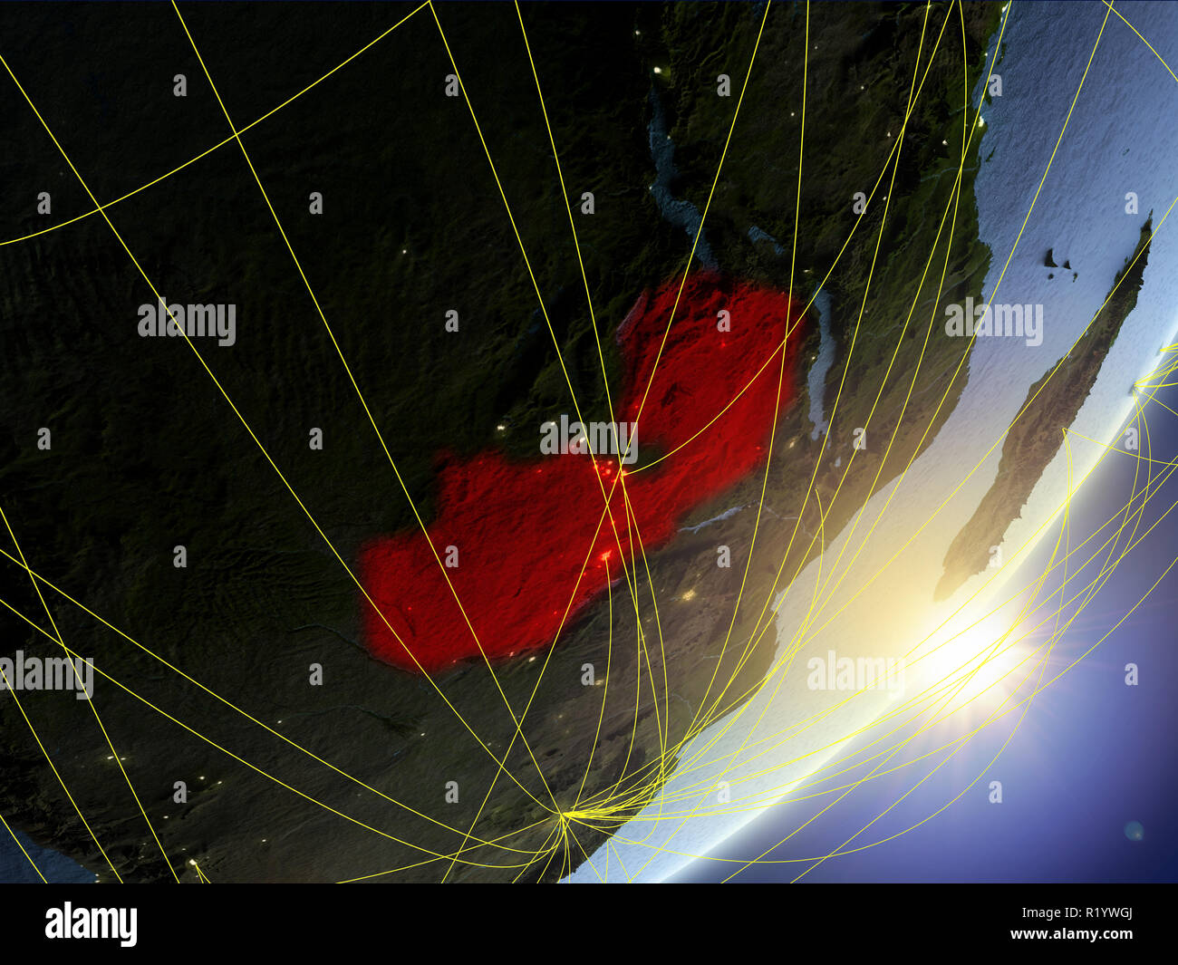 Zambia on model of planet Earth with network during sunrise. Concept of ...