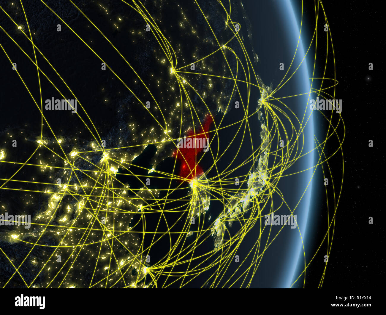 North Korea at night on planet planet Earth with network. Concept of ...