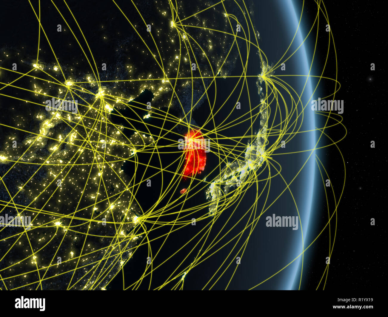 South Korea at night on planet planet Earth with network. Concept of ...
