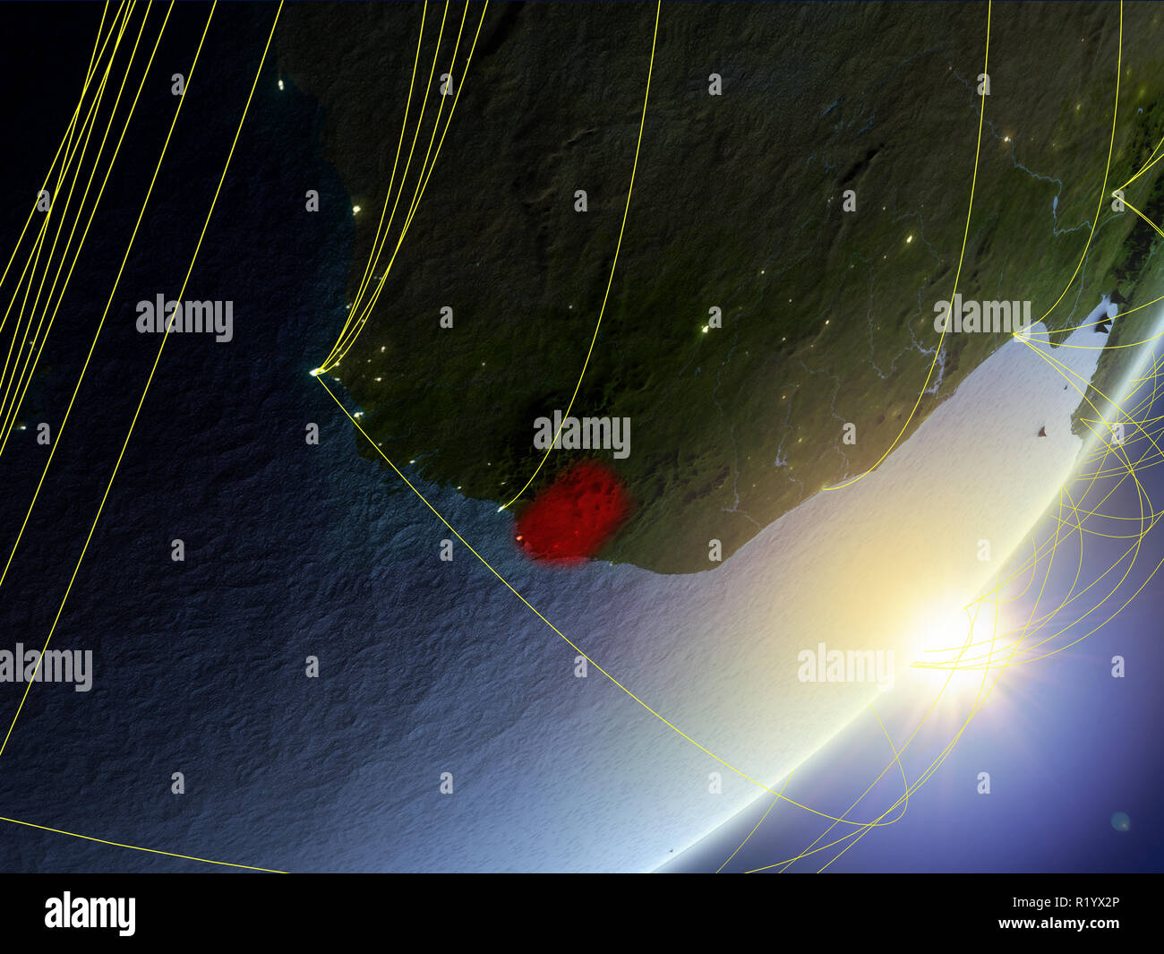 Sierra Leone on model of planet Earth with network during sunrise ...