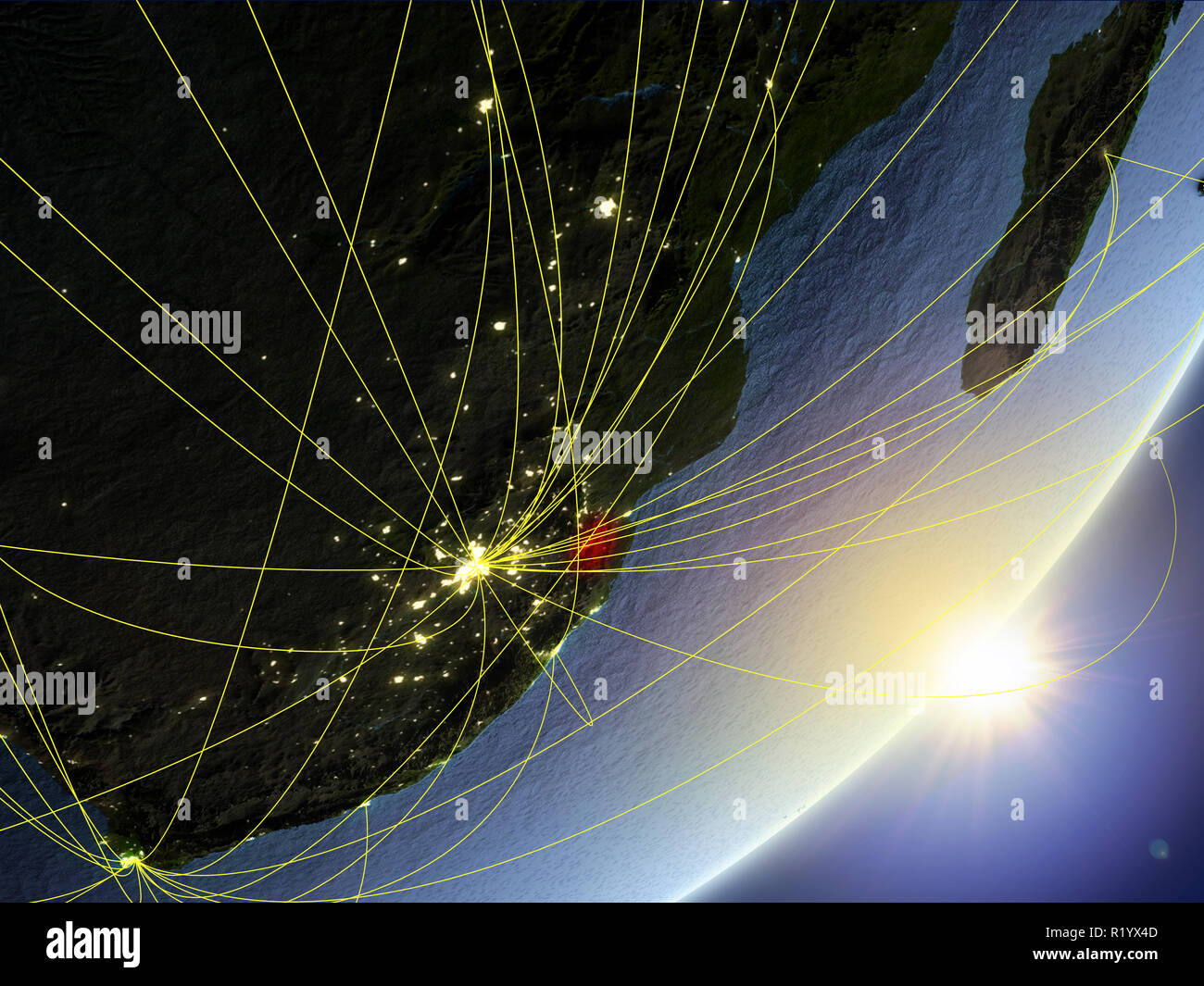 eSwatini on model of planet Earth with network during sunrise. Concept of new technology, communication and travel. 3D illustration. Elements of this  Stock Photo