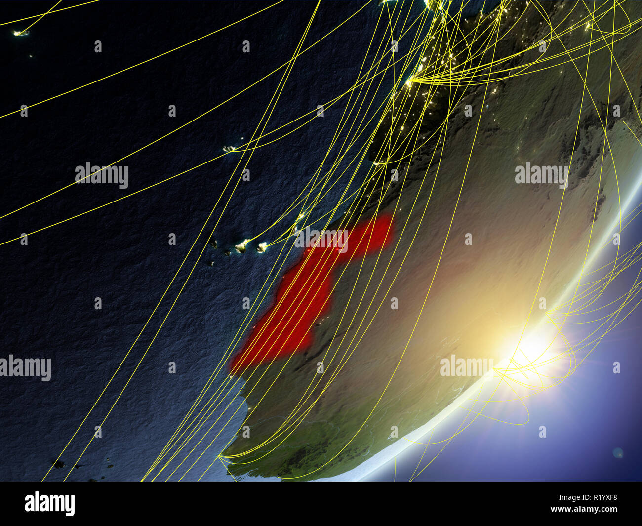 Western Sahara on model of planet Earth with network during sunrise ...