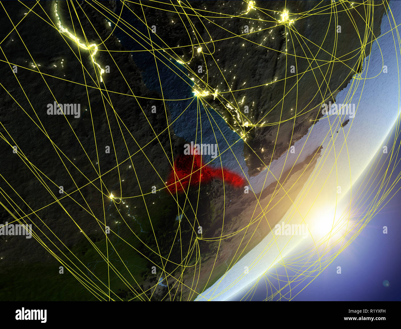 Eritrea on model of planet Earth with network during sunrise. Concept ...