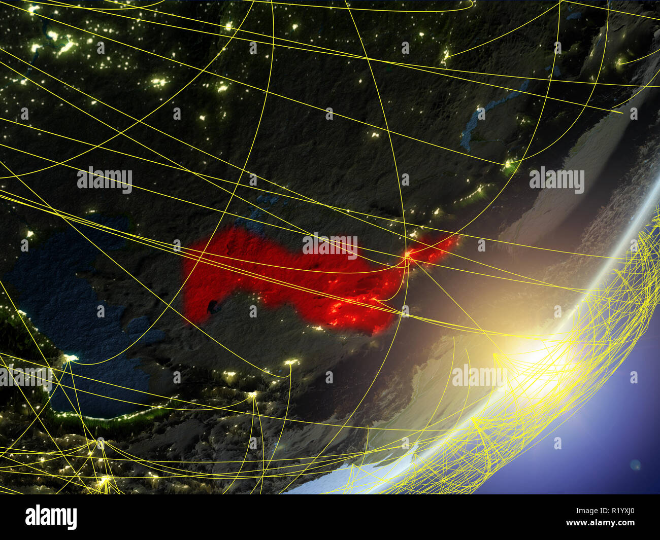 Uzbekistan on model of planet Earth with network during sunrise ...