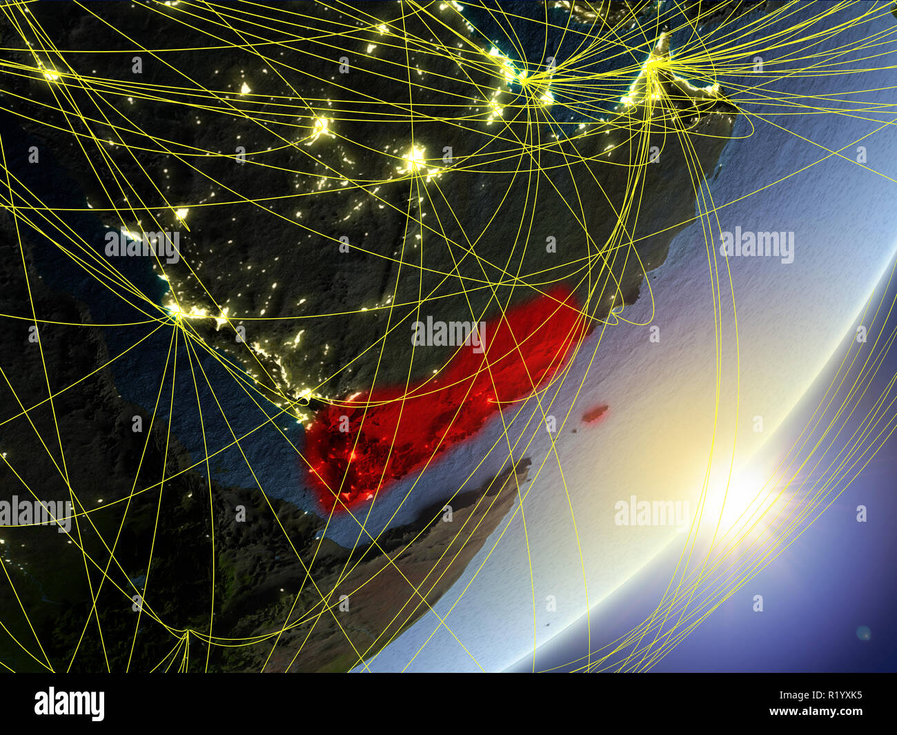 Yemen on model of planet Earth with network during sunrise. Concept of ...