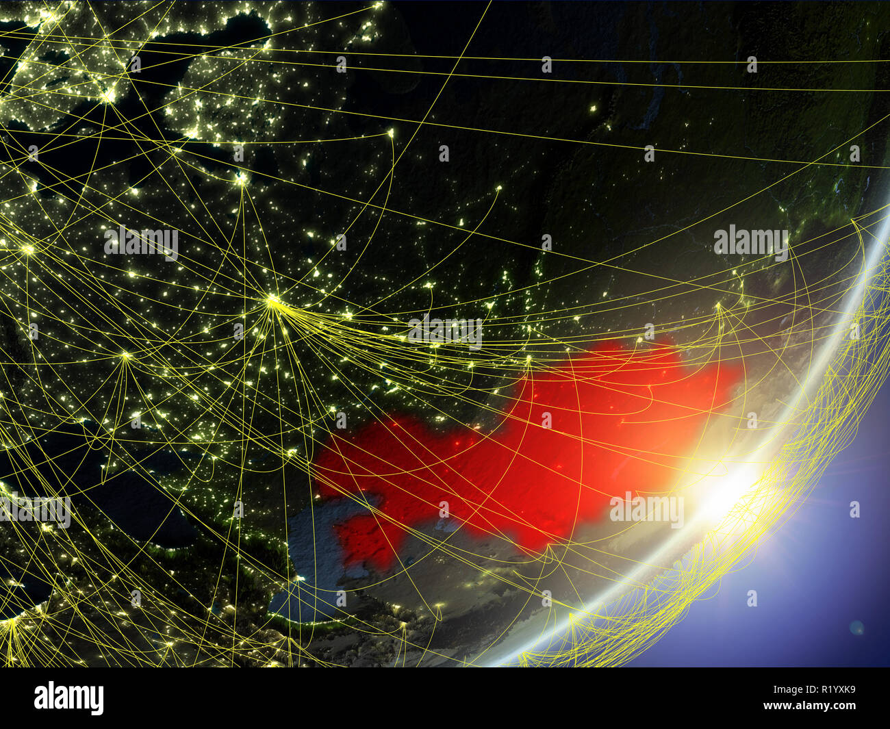 Kazakhstan on model of planet Earth with network during sunrise ...