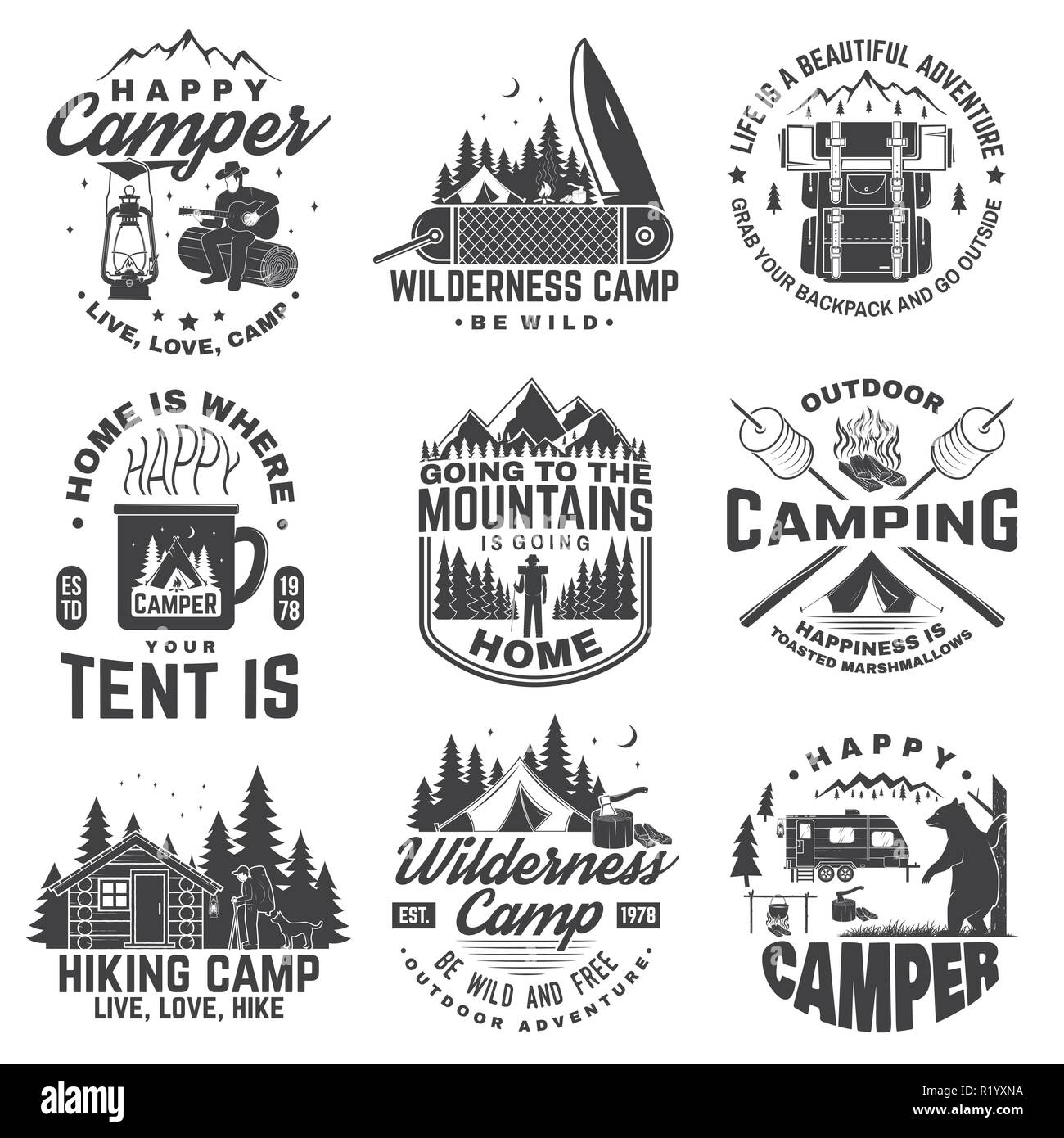 Set of Happy camper outdoor adventure symbol. Vector. Concept for shirt or logo, print, stamp or tee. Vintage design with lantern, camping tent, campfire, bear, man with guitar and forest silhouette. Stock Vector