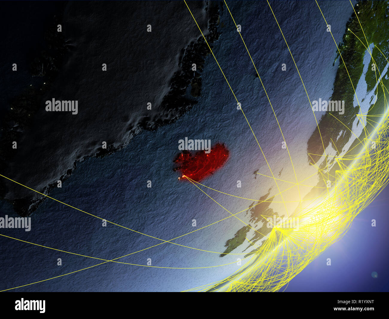 Iceland on model of planet Earth with network during sunrise. Concept ...