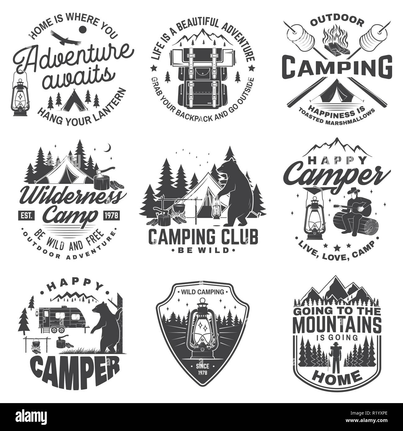 Set of Happy camper outdoor adventure symbol. Vector. Concept for shirt or logo, print, stamp or tee. Vintage design with lantern, camping tent, campfire, bear, man with guitar and forest silhouette. Stock Vector