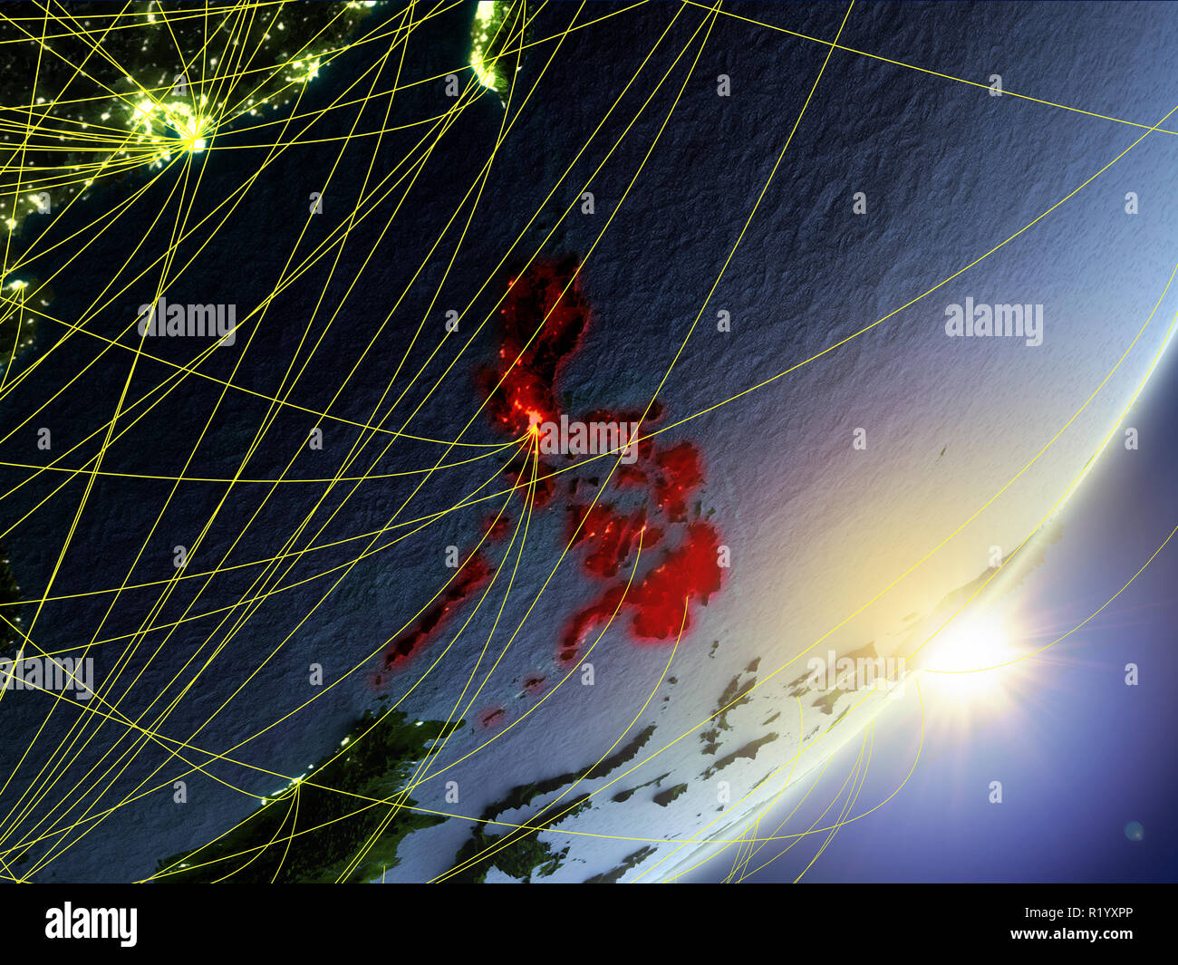 Philippines on model of planet Earth with network during sunrise ...