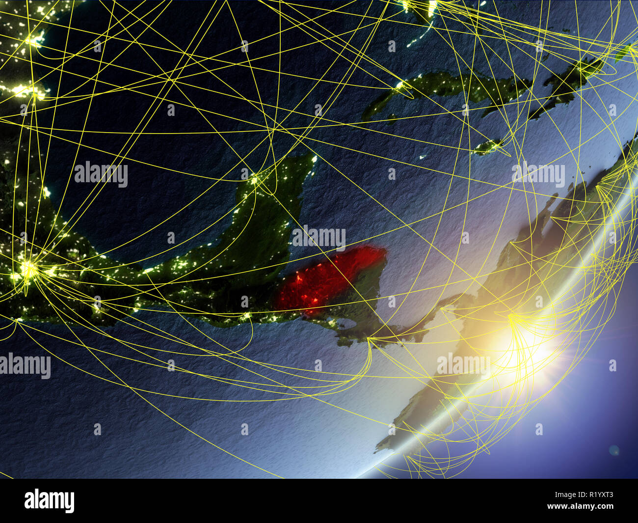 Honduras on model of planet Earth with network during sunrise. Concept ...