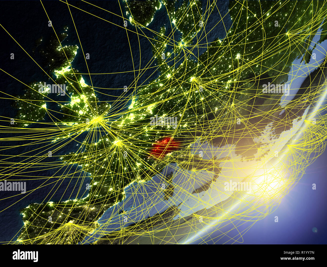 Switzerland on model of planet Earth with network during sunrise ...