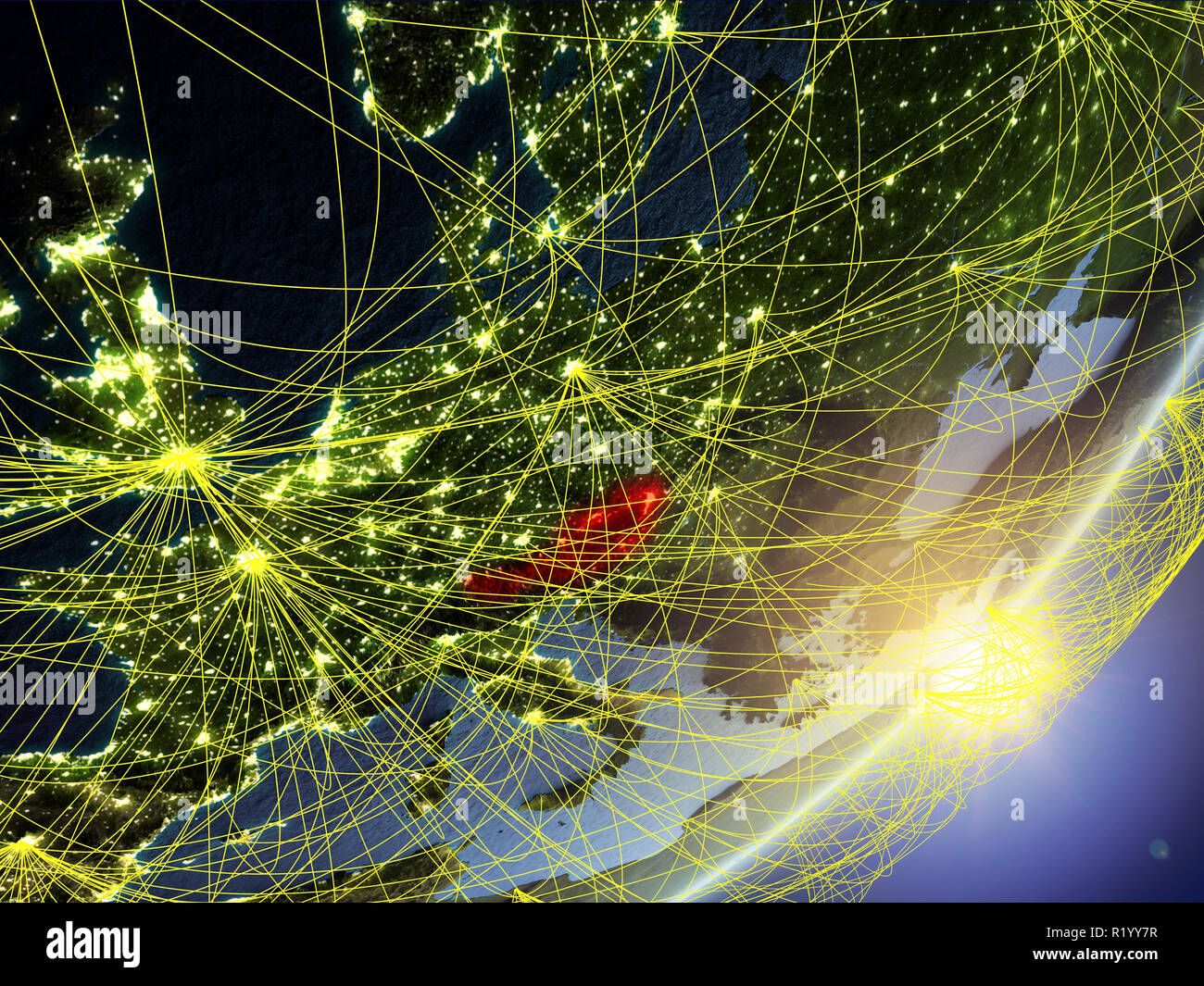 Austria on model of planet Earth with network during sunrise. Concept ...