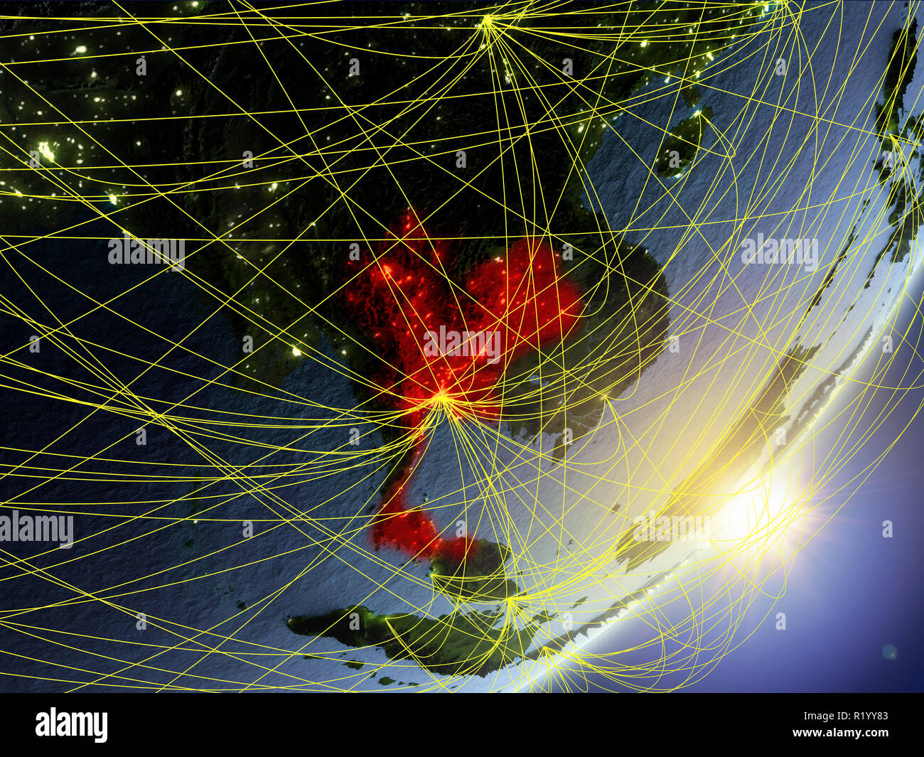 Thailand on model of planet Earth with network during sunrise. Concept ...
